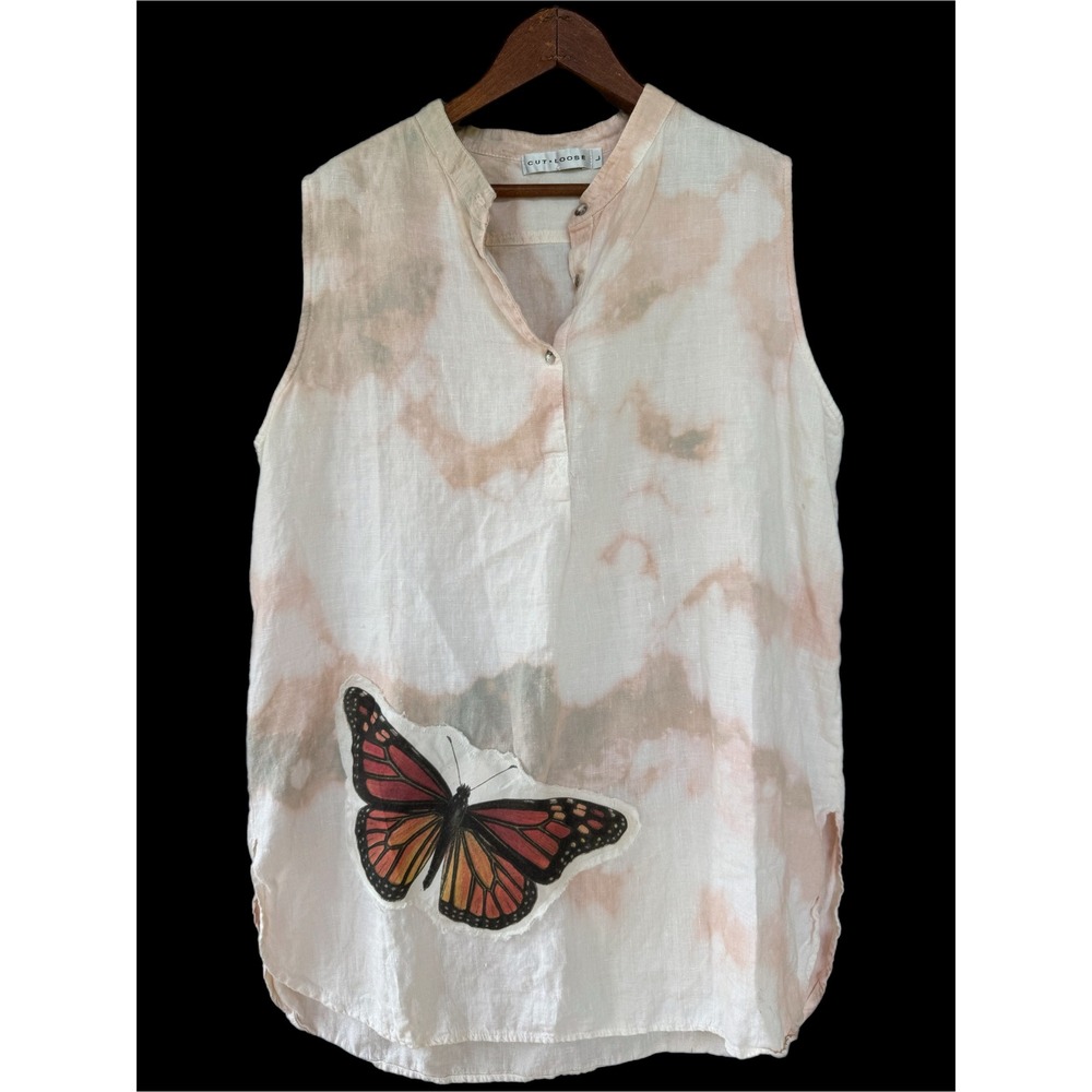 Upcycled Linen Tunic Large Butterfly Floral Hand Dyed Art Shirt One of One